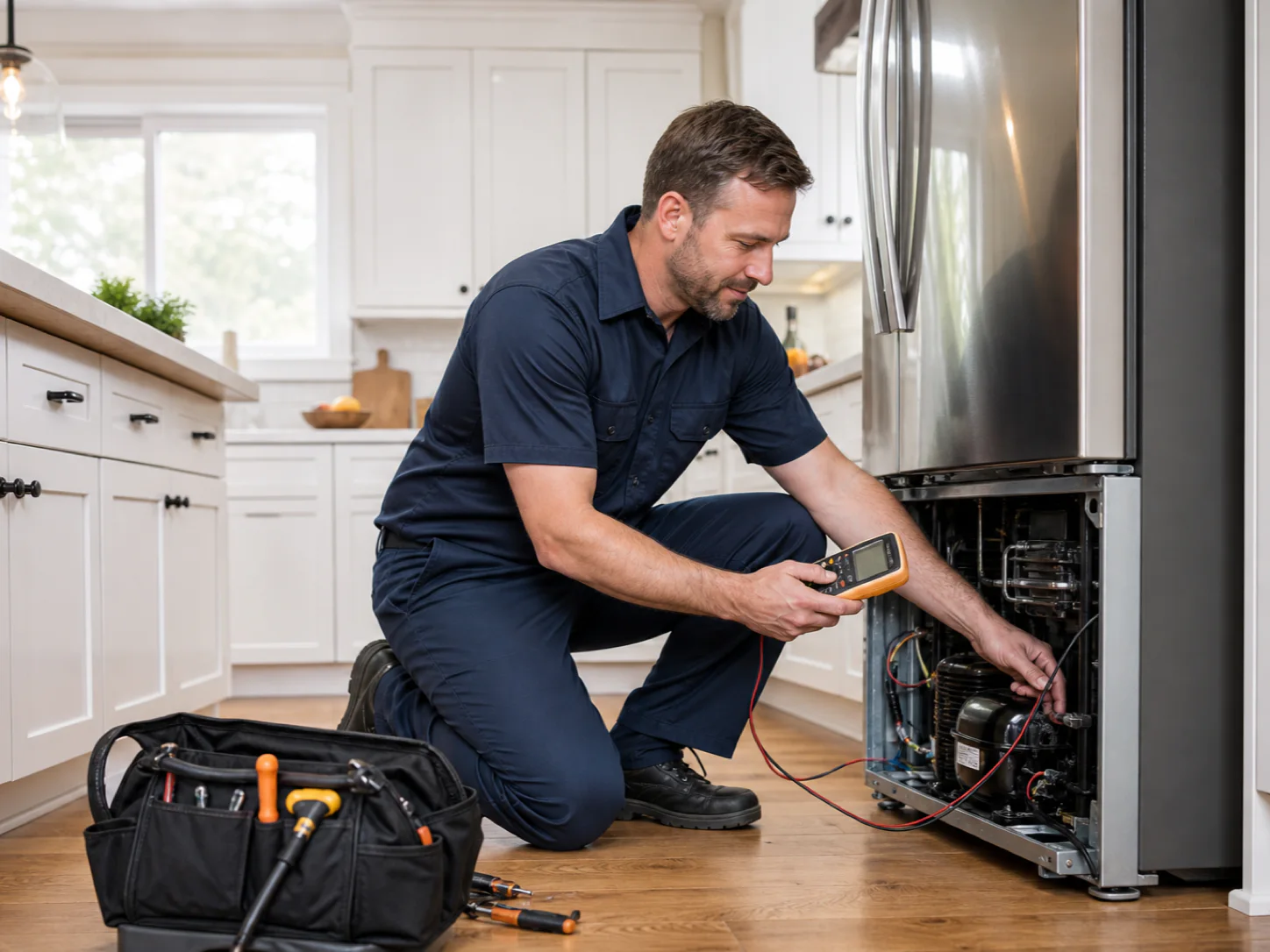 Appliance repair technician diagnosing a refrigerator in a home kitchen